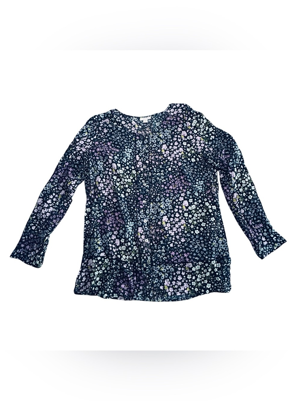 J. Jill Navy Floral Button-Front Top with Pastel Blooms large petite